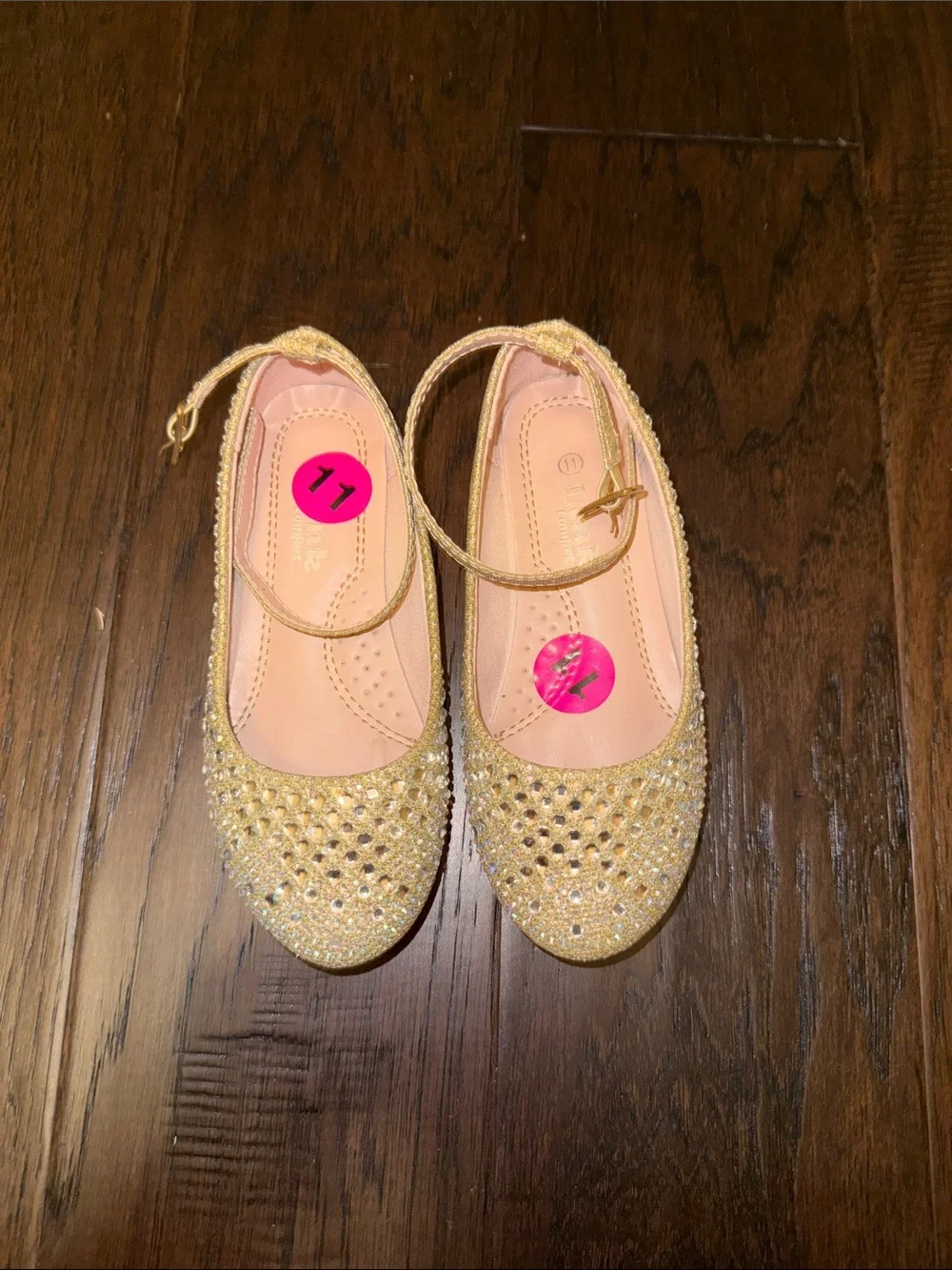 Girls Gold Glitter Rhinestone Ankle-Strap Flats